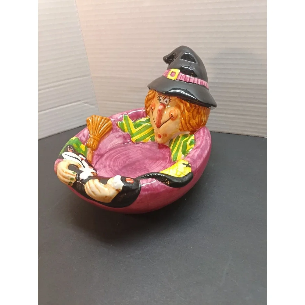 Vtg WCL Halloween Ceramic Witch Broom Black Cat Candy Bowl